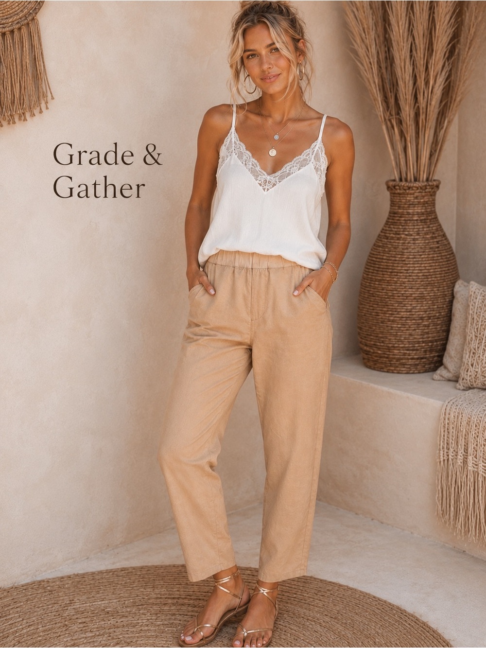 🌸Grade & Gather Elastic Waist Relaxed Fit Pants in Cream size S boho resort